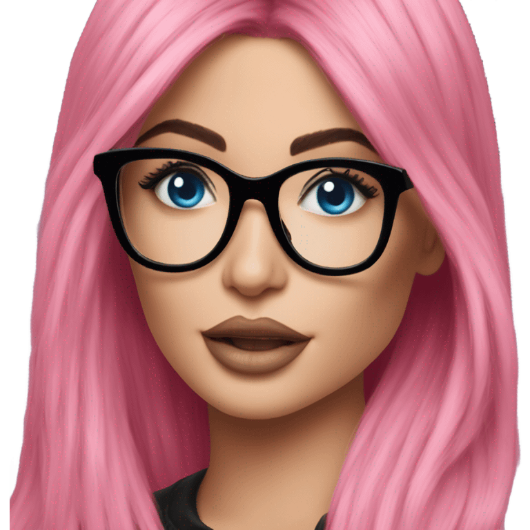 Photo Realistic kylie jenner stylish pink hair BLUE eyes and glasses happy  emoji