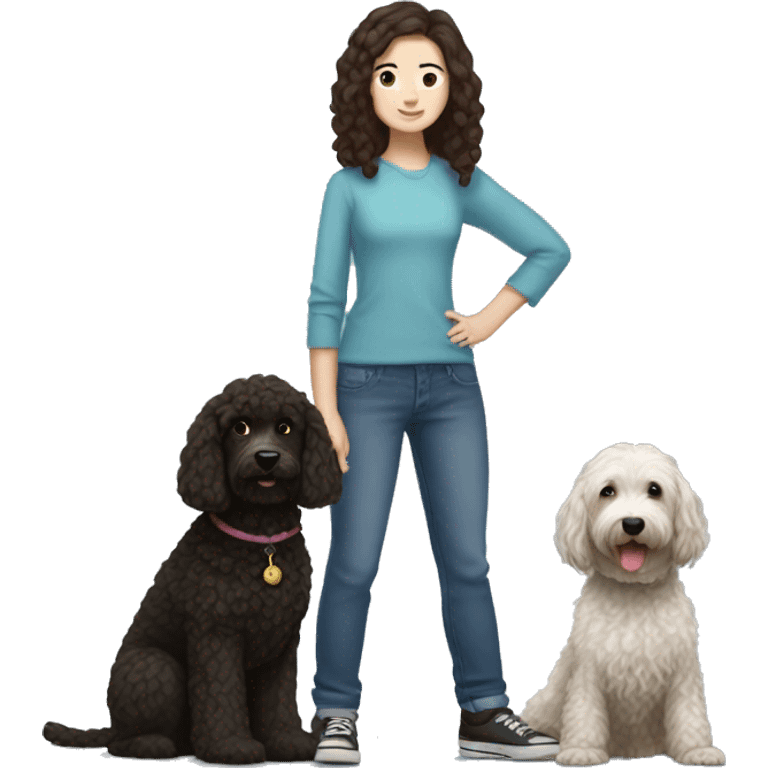 Short haired Brunette girl with blue eyes holding a black and white golden doodle emoji