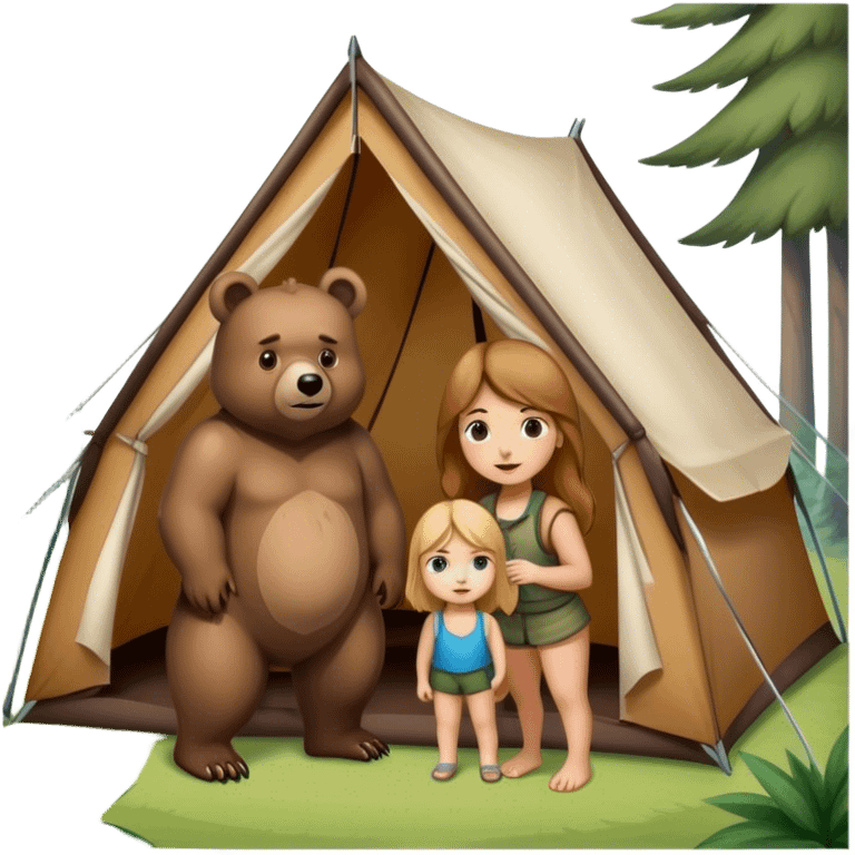 bear outside of tent with two white girls inside of it emoji