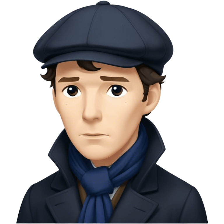 sherlock holmes benedict cumberbatch sad, wearing a deerstalker hat, Long dark coat, Dark suits, dark Blue scarf emoji