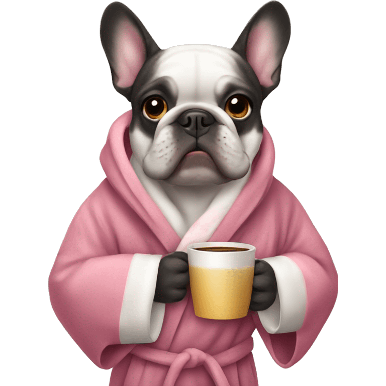 A French bulldog in a bathrobe drinks coffee emoji