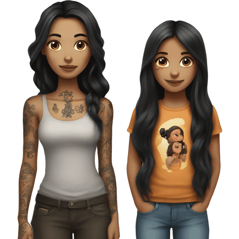 Girl with long black hair and tattoos and daughter with long brown hair emoji