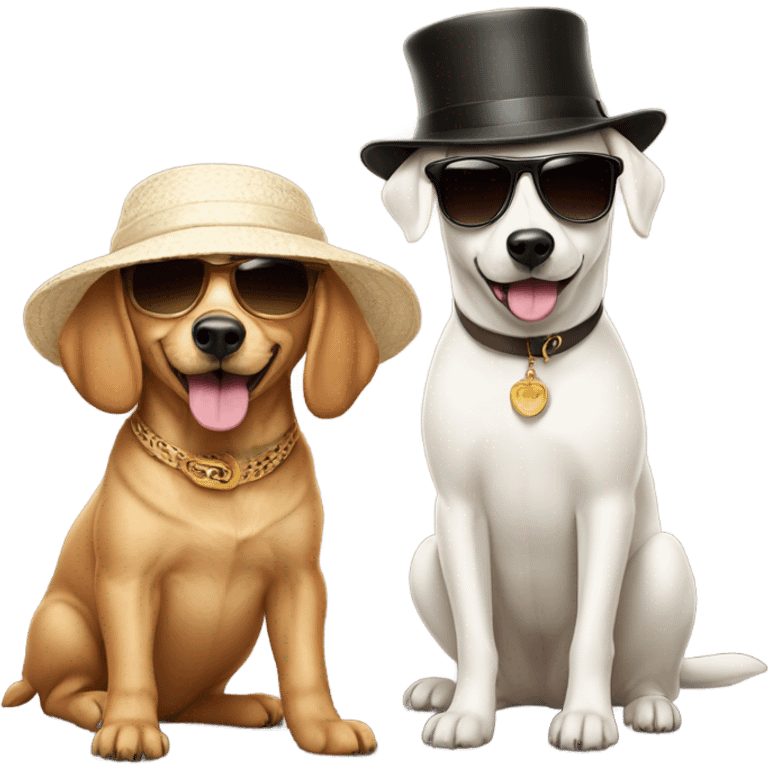 A tan dog with sunglasses next to a slightly smaller white dog with a hat emoji