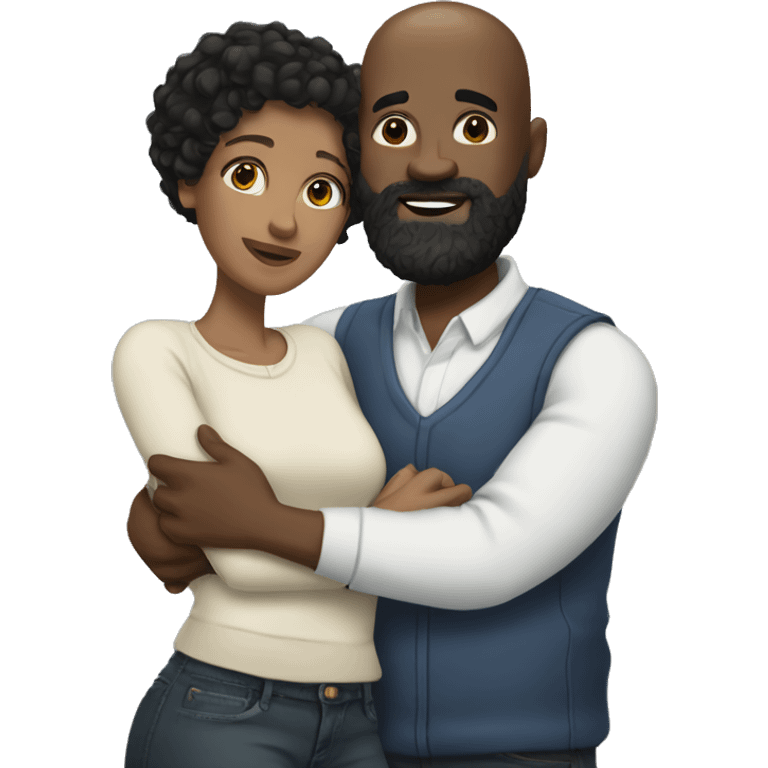 Short Black bald head man with beard with black curly hair woman hugging  emoji