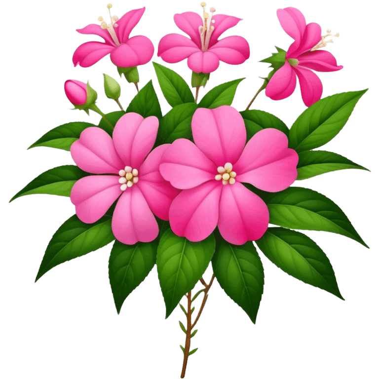 big bouquet pink Impatiens Balsamina flower, stem, leaf emoji