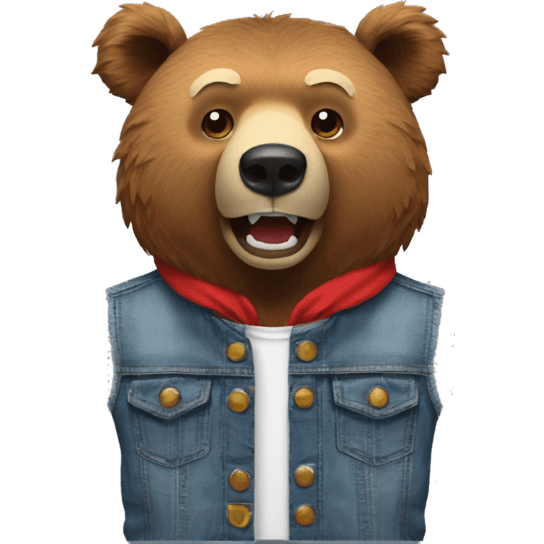 grizzly bear wearing sleeveless jean jacket and red headband with open mouth emoji