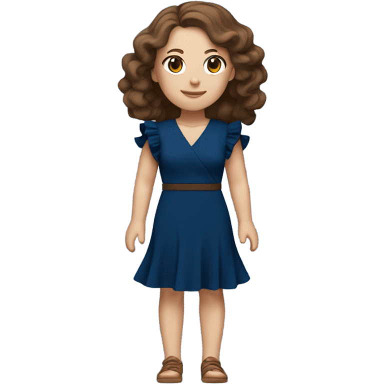 White girl with brown hair dark blue ruffle sleeve wrap dress full body emoji