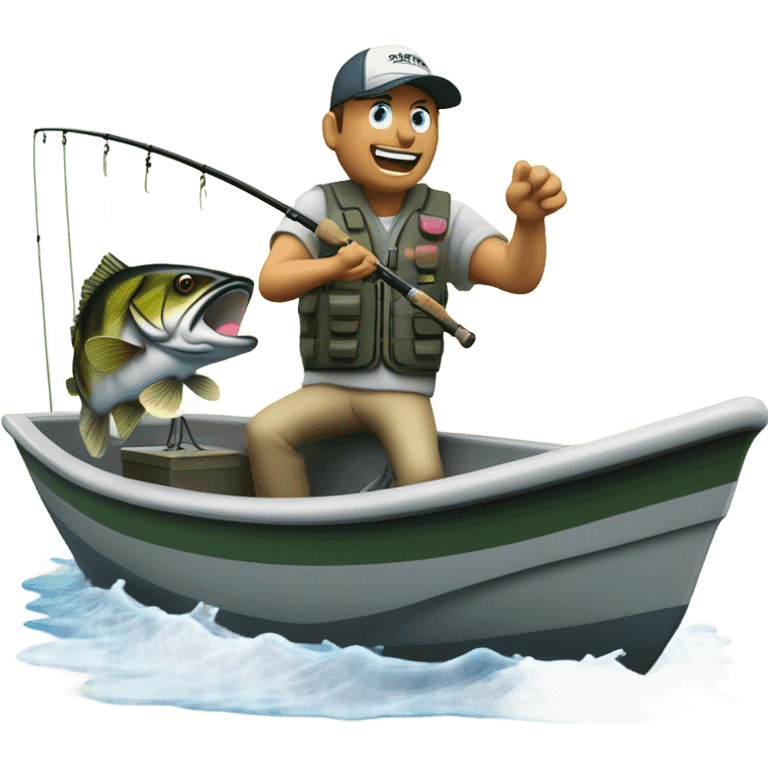 Bass fisherman catching bass on topwater lure from a bass boat on a hazy morning on a lake emoji