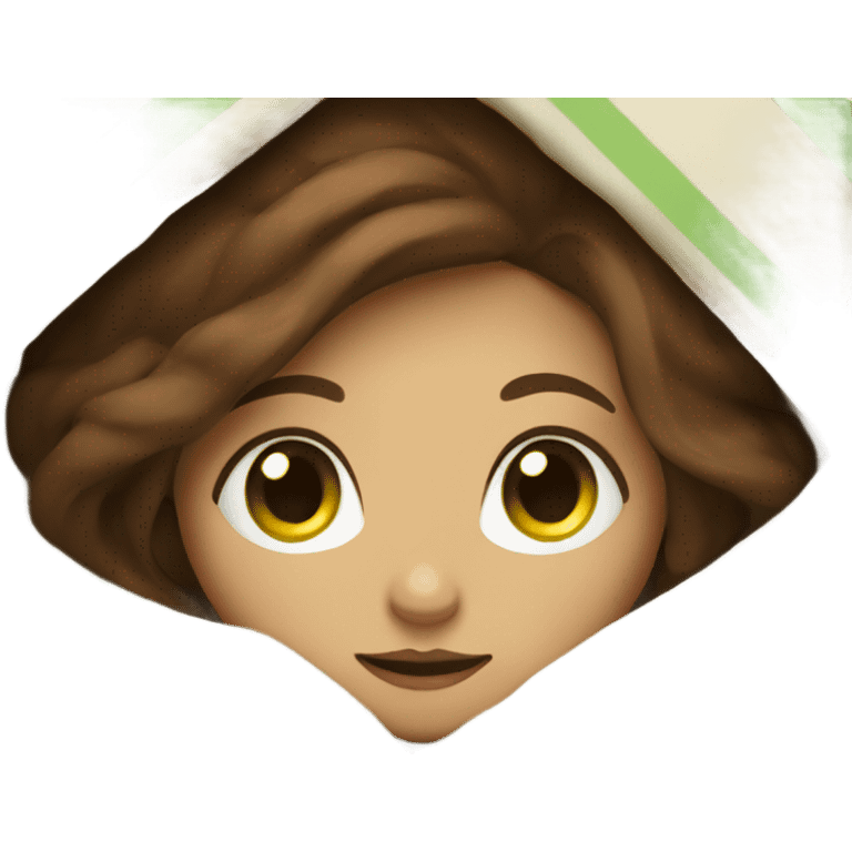 a girl with brown hair and green eyes sits wrapped in a blanket emoji