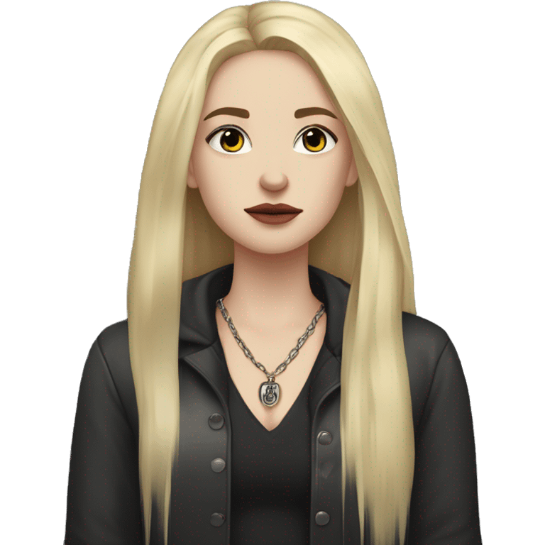 Pale-skinned person with long wet blonde hair, black streaked eye makeup, sharp features, and a melancholic, mysterious look. Dark clothing, deep neckline, and a pendant necklace. emoji