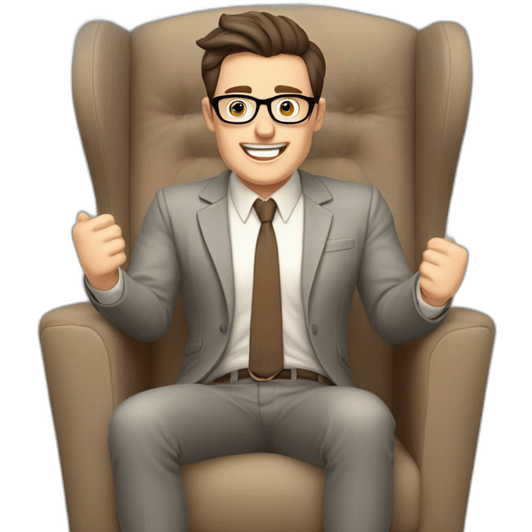 Joyful Celebrating victory Hands up Pale skinned Fit Man With dark brown hair in gray jacket, beige office shirt, Brown pants and vintage glasses sitting In a soft chair emoji