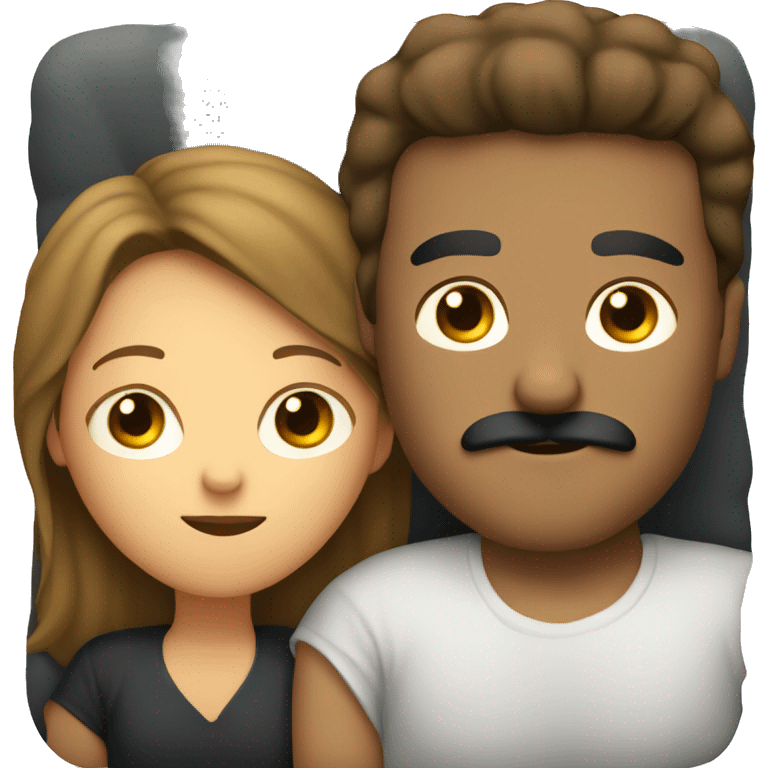 White guy with black mustache snuggling on couch with girl with brown hair  emoji