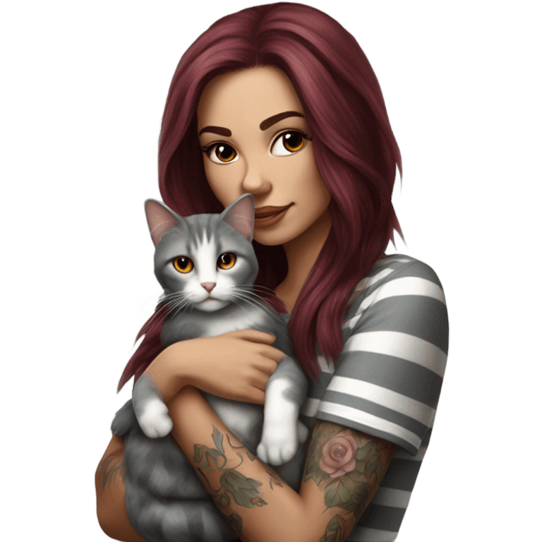 Beautiful burgundy haired tattooed woman holding gray and white striped long hair cat emoji