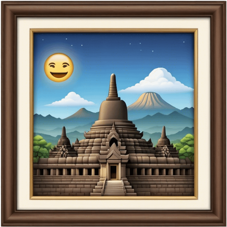 Cinematic Realistic Borobudur Landmark Emoji, showcasing the majestic ancient Buddhist temple rendered with intricate textures and serene, historic lighting. emoji