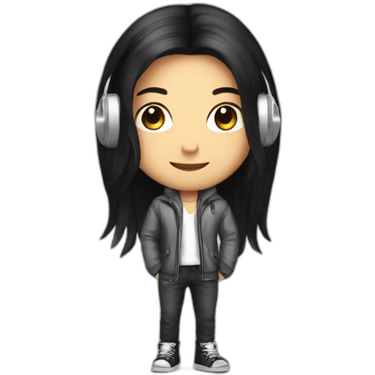 Cartoon character with long black hair, stylish outfit, silver headphones emoji