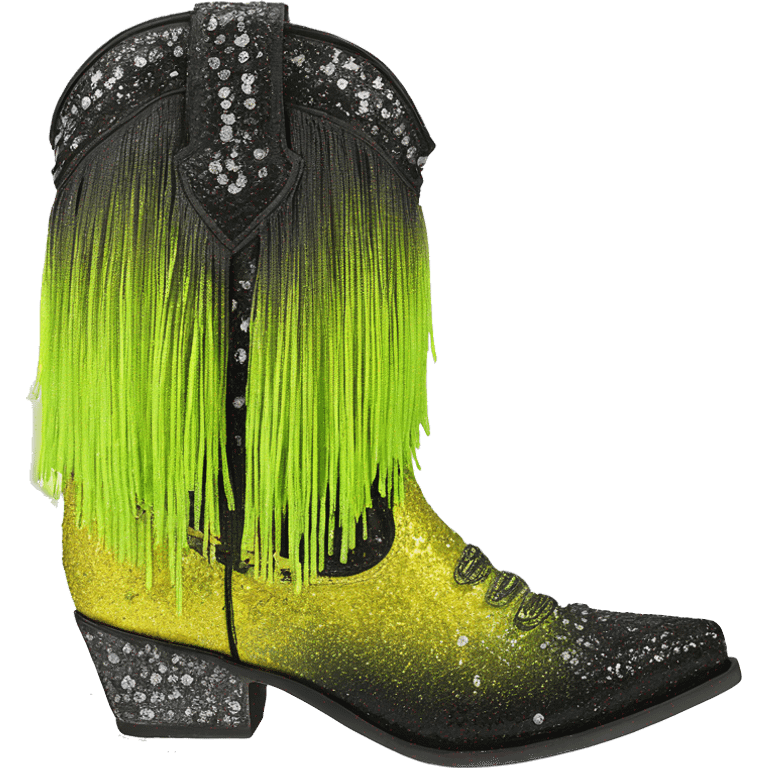 Realistic short neon yellow to black ombre fashion cowgirl boot with sparkly shiny glitter fringe on them. emoji