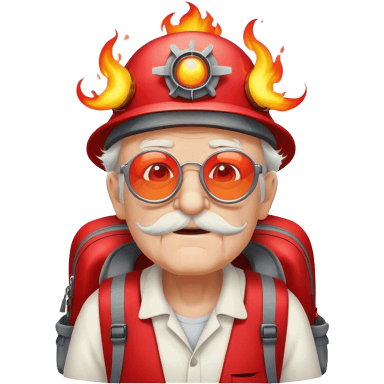 Old man wearing flaming glasses, a propeller hat, and a red backpack emoji