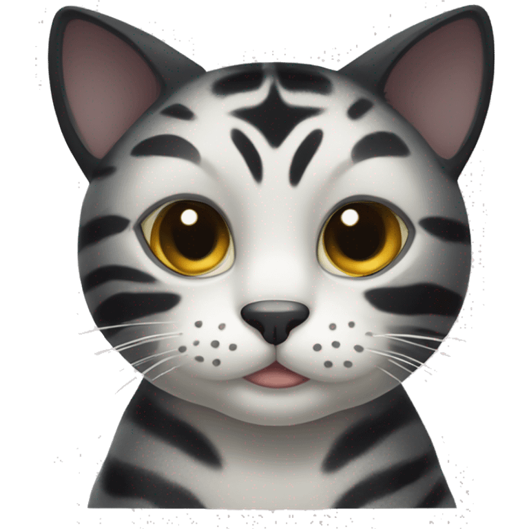 Black tiger cat with white dot on mouth, white neck, cozy emoji