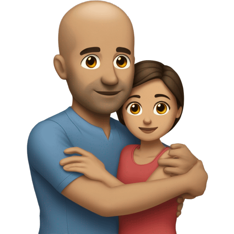 Comforting hug from tall, brunette, Puerto Rican woman to shorter bald male emoji