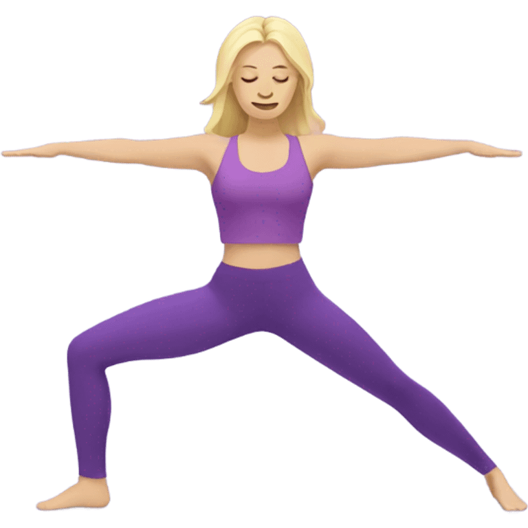 Blonde lady doing yoga with purple top and purple leggings emoji