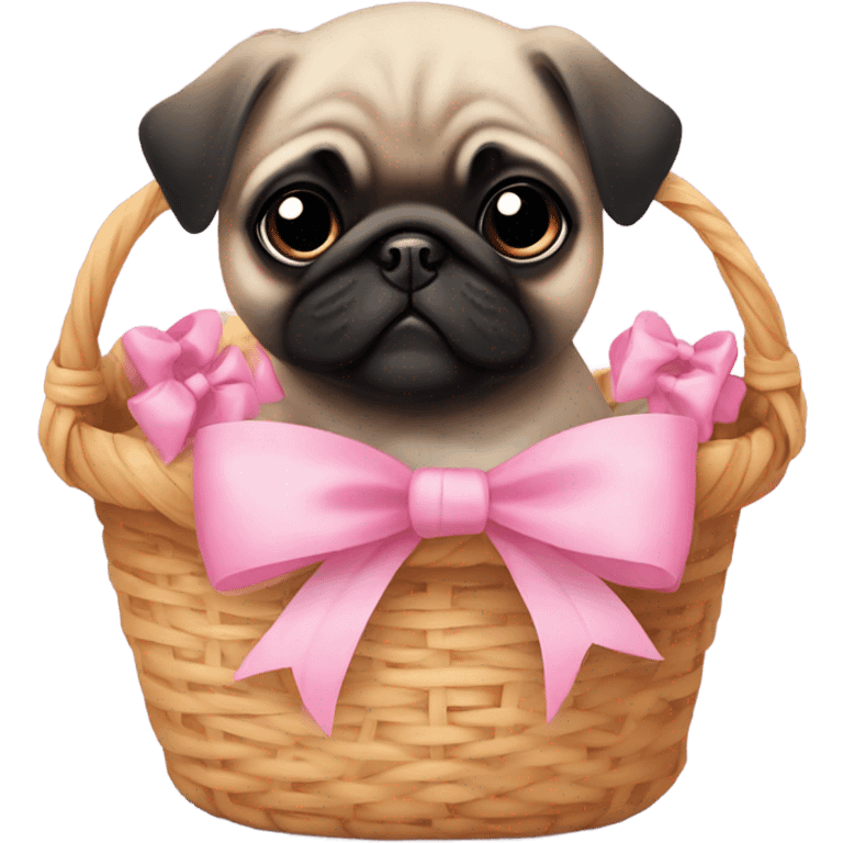  Baby pug with big pink
eyes wearing a pink bow sitting in a basket  emoji