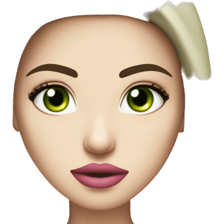 Angry Brunette bombshell supermodel girl with long straight hair, pale skin, pink lips and green eyes. Wearing a cream bustier  emoji