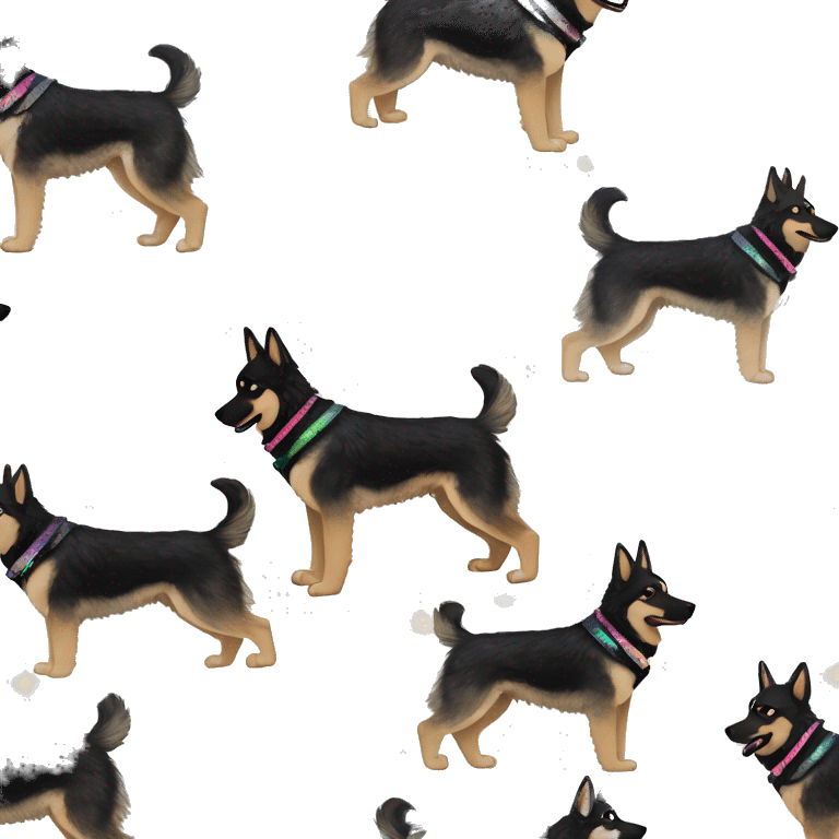  Black spotted brindle German shepherd husky fluffy ears and holographic harness running emoji