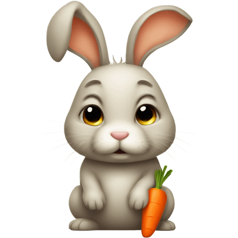 Little bunny with carrot in its mouth and a sad face emoji