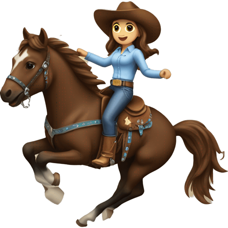 Cowgirl with brown hair on a bucking bronco emoji