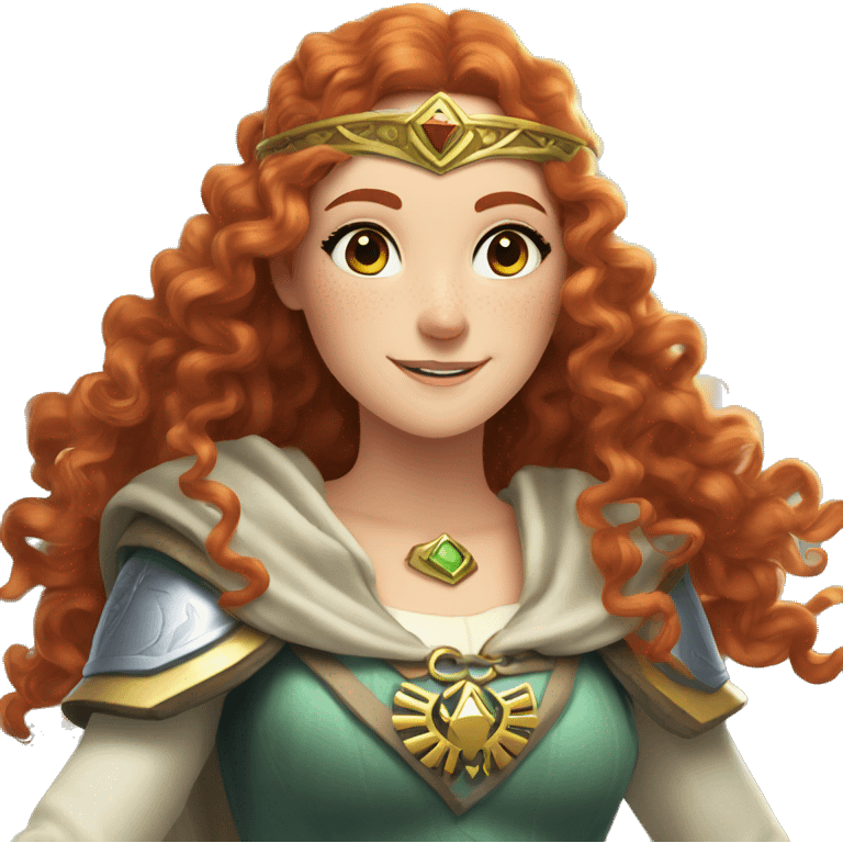 a white girl with long red curly hair and freckles, cosplaying Princess Zelda posing and smiling emoji