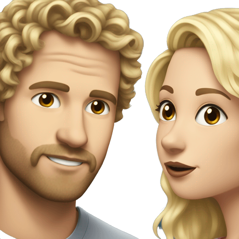 White man with scruff with brunette curly wavy hair kissing white pretty blonde girl with blonde layered hair emoji