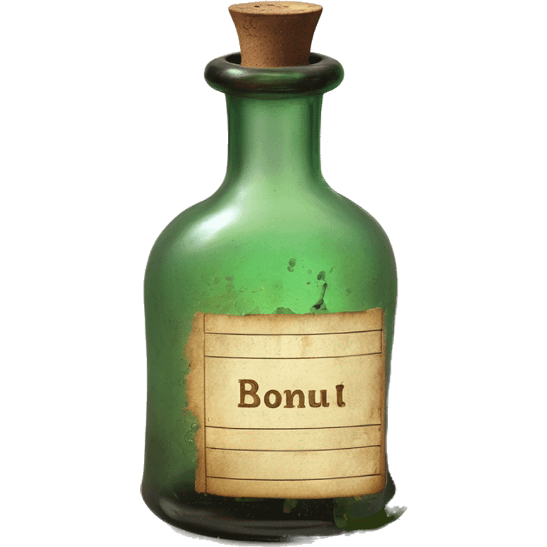 Mysterious Alchemical vintage glass potion bottle, exquisite bottle shape, old and shabby, with label, stylish and minimalistic, brown and shabby-green, oil potion is poured out of the bottle, herbal, flowers and oil is spilled next to it emoji