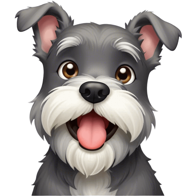 Cinematic Cute Yawning Miniature Schnauzer Portrait Emoji, Head cocked with a wide, adorable yawn and droopy, charming eyes, featuring a neatly trimmed, lovable salt-and-pepper fur, simplified yet irresistibly cute, highly detailed, glowing with a warm, relaxed radiance, high shine, exuding a sleepy yet spirited charm, styled with a soft, cozy glowing outline, capturing the essence of a Miniature Schnauzer mid-yawn, radiating pure, drowsy cuteness! emoji