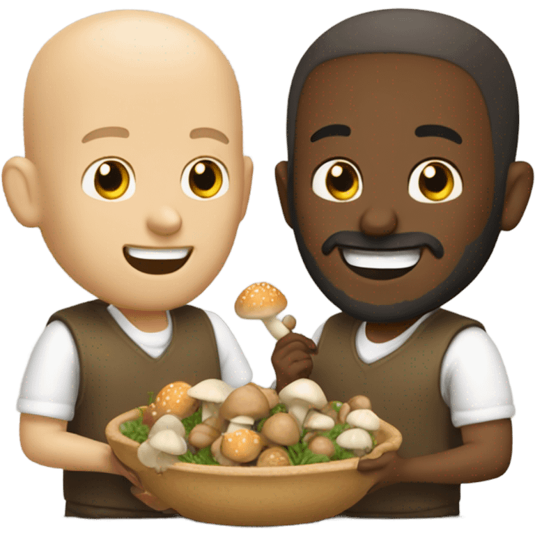 Bald white man with beard and curly brown man eating mushrooms emoji