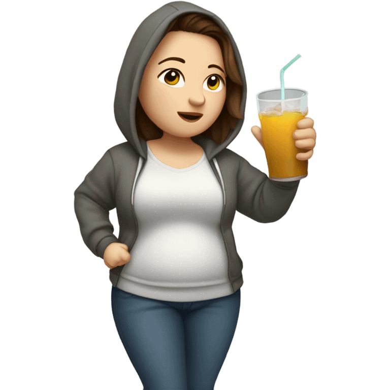 Chubby pale Woman with long brown hair dancing with drink with eyes closed wearing pants and hoodie emoji