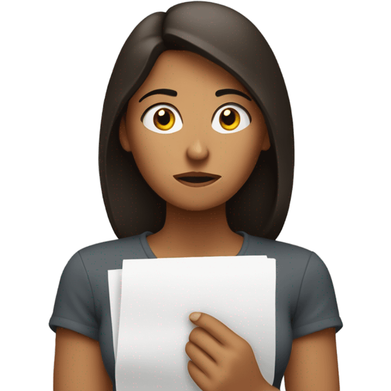 frustrated with doubts brunet woman with a paper on hands emoji