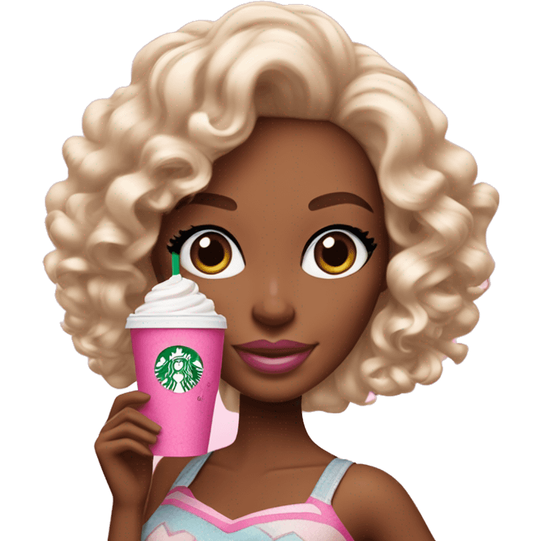 Barbie girl with curly hair holding Pink starbucks refresher emoji