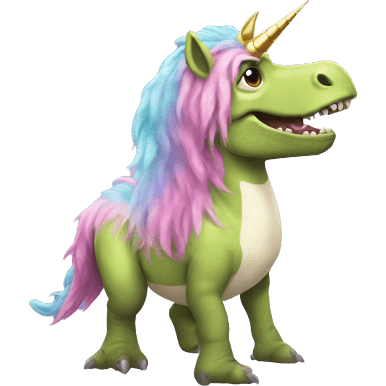 Trex dressed up as a unicorn emoji