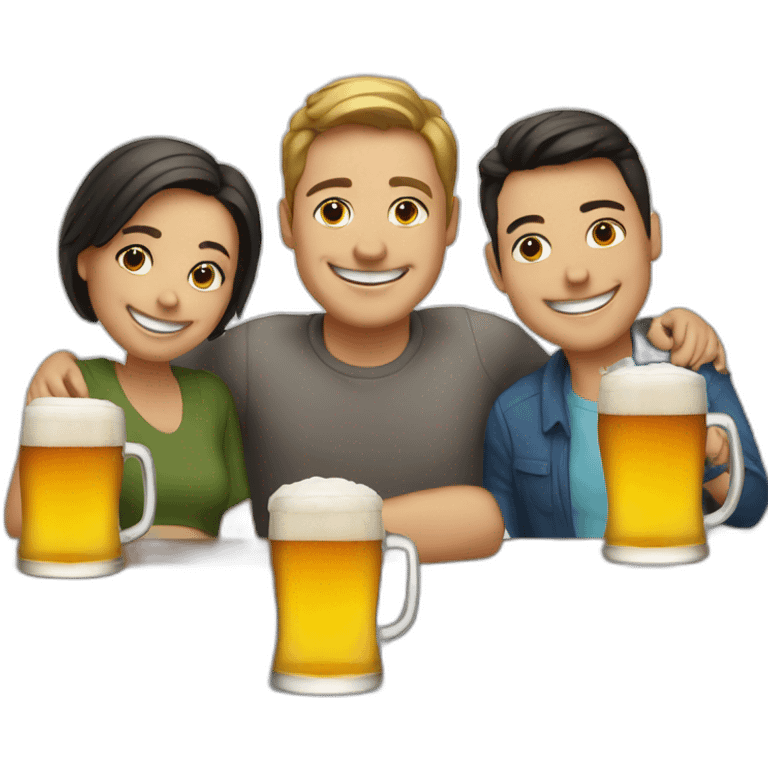 3 people smiling around a table with 3 small beers on it emoji