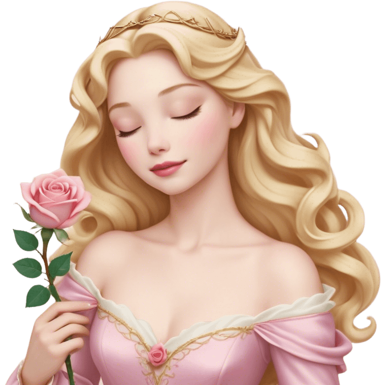 Cinematic Realistic Sleeping Beauty (Aurora) Portrait, with porcelain-like skin featuring a natural rosy flush, illuminated by soft lighting that highlights the gentle contours of her face. Her golden blonde hair flows in soft, detailed waves with subtle highlights that shimmer in the light. Her deep violet-blue eyes radiate warmth and innocence, framed by arched brows and long lashes. With a soft, serene smile, she holds a delicate rose gently in one hand, her other hand resting lightly by her side. She is dressed in her classic pink gown, the fabric rich in texture with delicate folds that catch the light. A golden crown rests atop her head, gleaming with royal refinement. The portrait captures a soft, glowing aura, blending realism with an ethereal sense of beauty and timeless enchantment. emoji