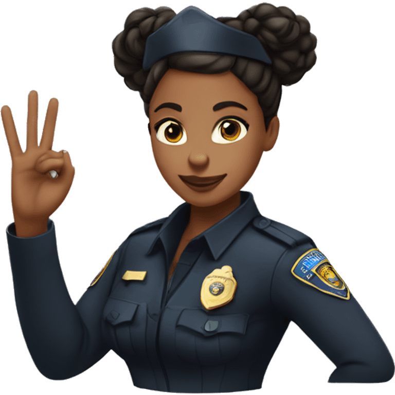 A black cop girl with a hair bun and making the peace symbol with her hands emoji