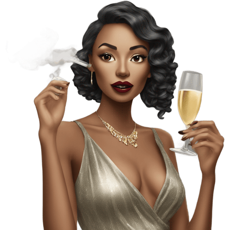 Hyper Realistic beautiful high fashion model drinking champagne and smoking emoji