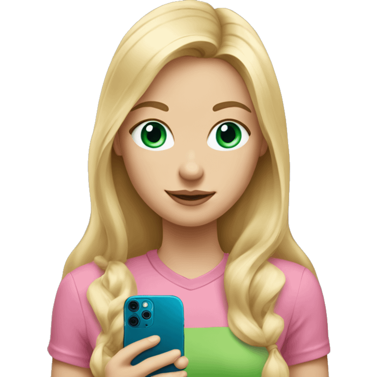 Long blond hair girl with blue eyes and pink shirt holding an iPhone 12 green emoji