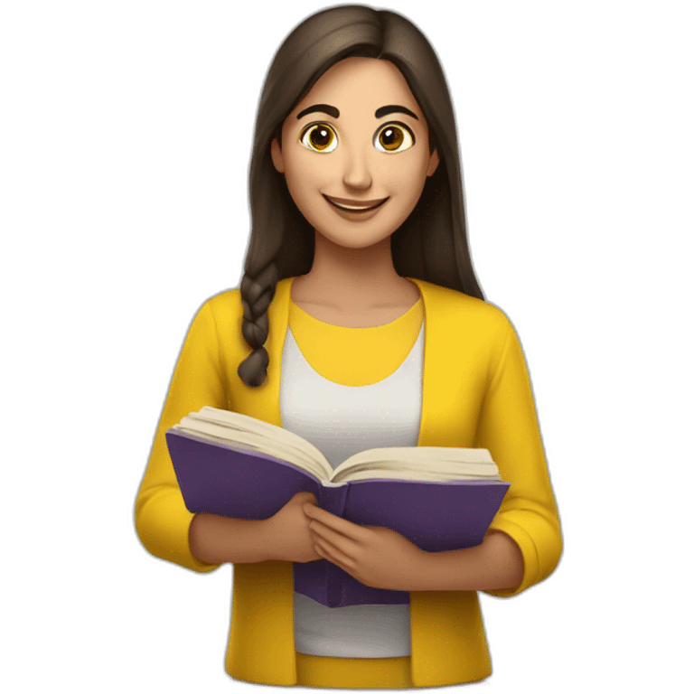 Armenian women with the yellow clothes reading book and looking at camera and smiling  emoji