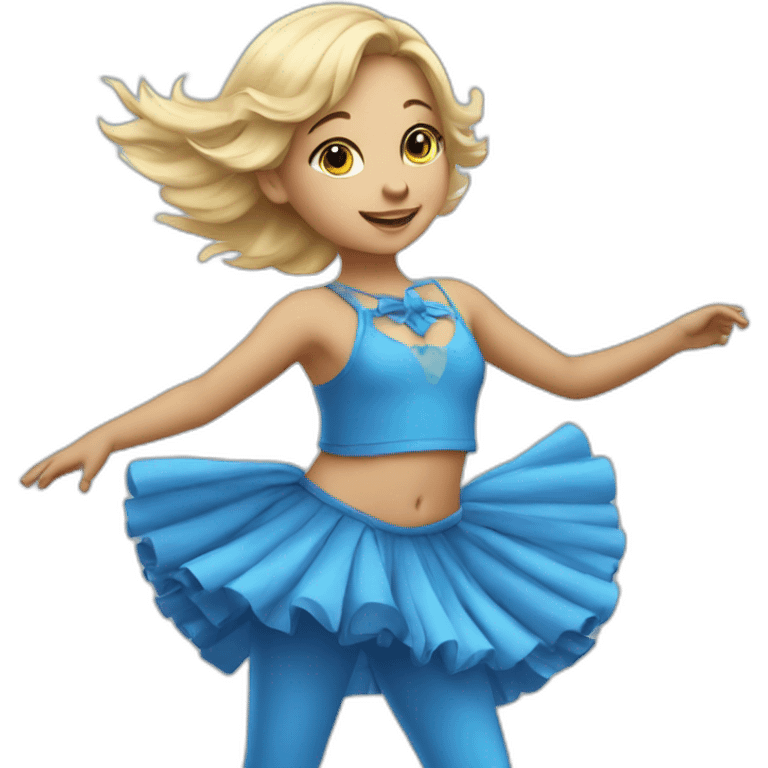 little blonde girl dancing in a blue bird costume emoji