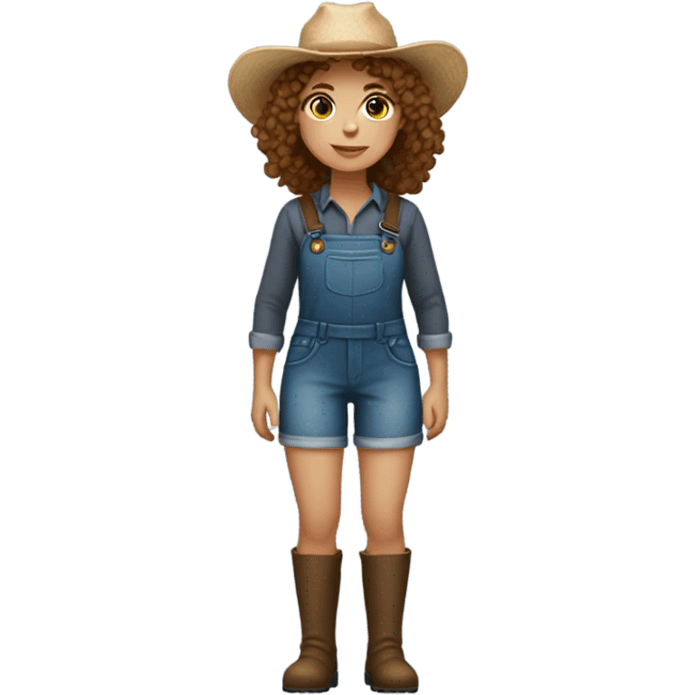 full body farmer girl standing, LIGHT skin, brown curly hair, holding carrors emoji