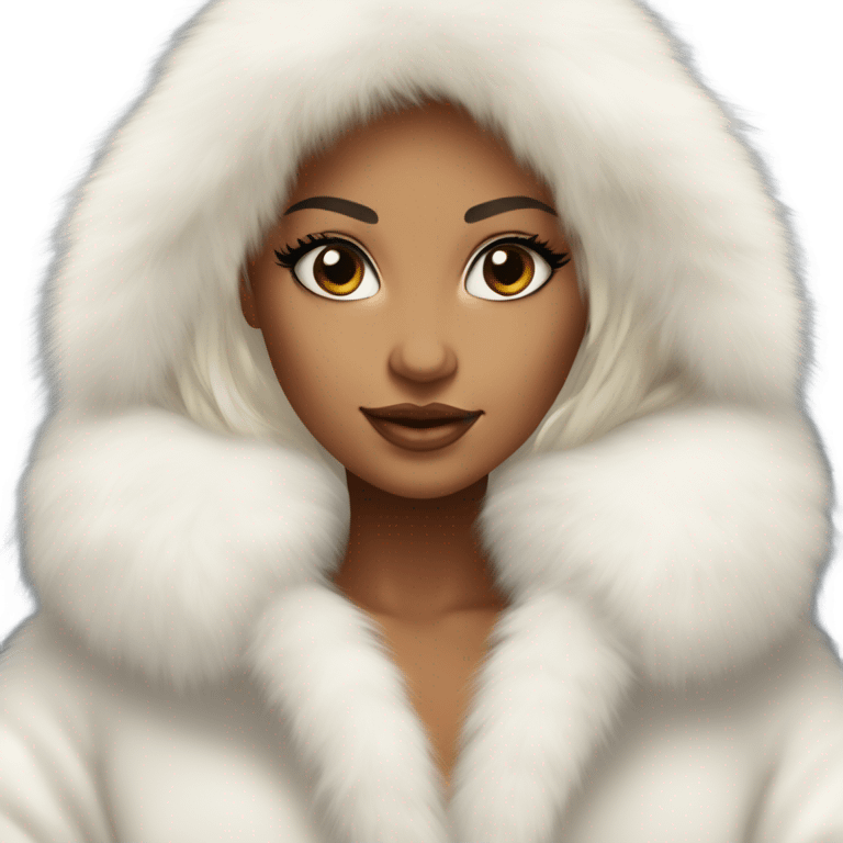 Tanned Girl with lashes , platinum blonde hair, in an extremely big fluffy oversized white fur coat with hood on. The fur is real and it’s very obvious big and fluffy like in Pinterest  emoji