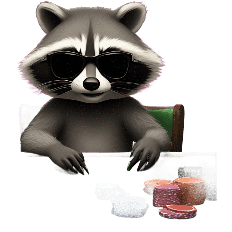 Raccoon as a professional poker player. Wearing cool black sunglasses  emoji