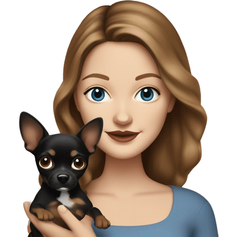 Drew Barrymore Lookalike, brunette with blue eyes holding a black and brown chihuahua emoji