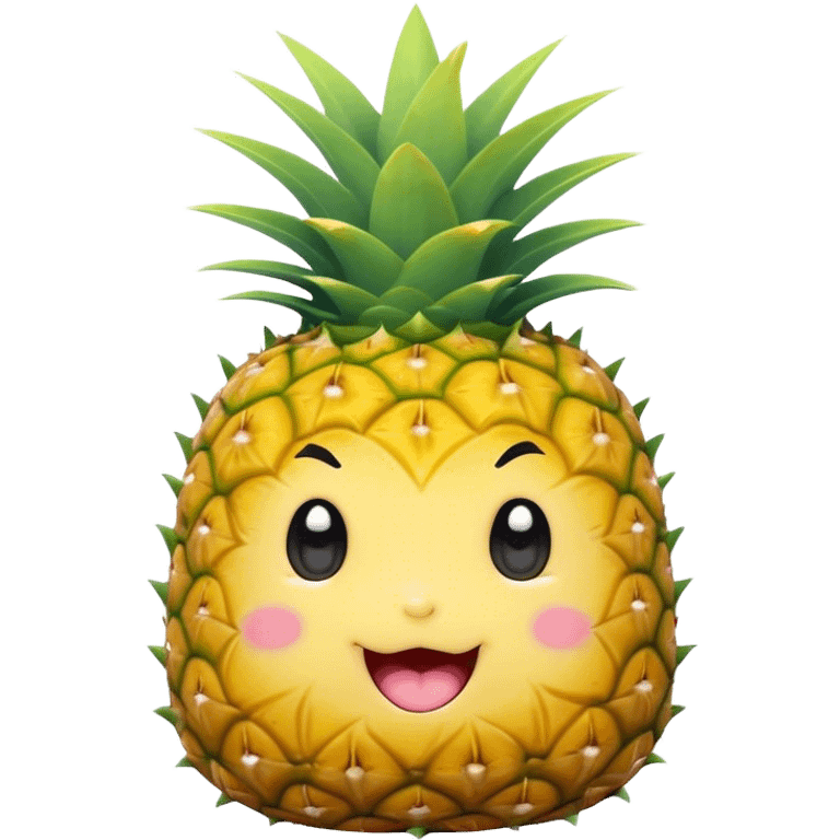 Cute Kawaii Pineapple, tiny and round, bright golden yellow with a spiky green top, chubby cheeks, playful winking expression, soft pastel textures, sweet and tropical vibes! emoji